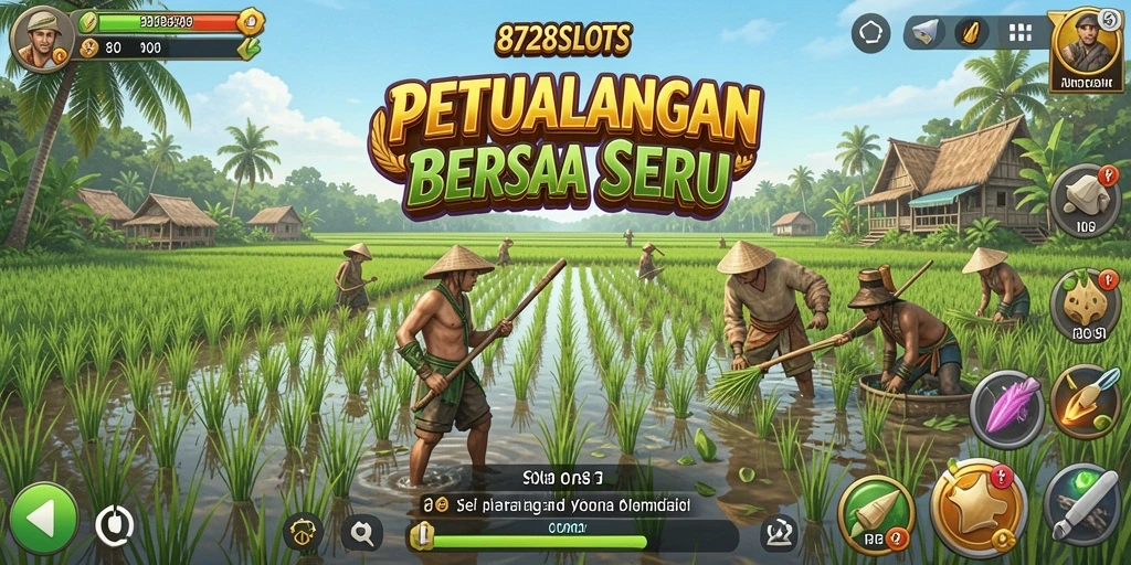 Tampilan permainan 8728SLOTS dengan kebun yang subur dan tanaman yang beragam.