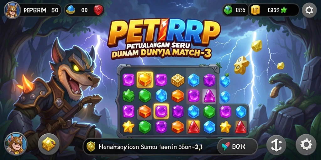 Tangkapan layar gameplay PETIRRP menunjukkan aksi mencocokkan permata yang seru.