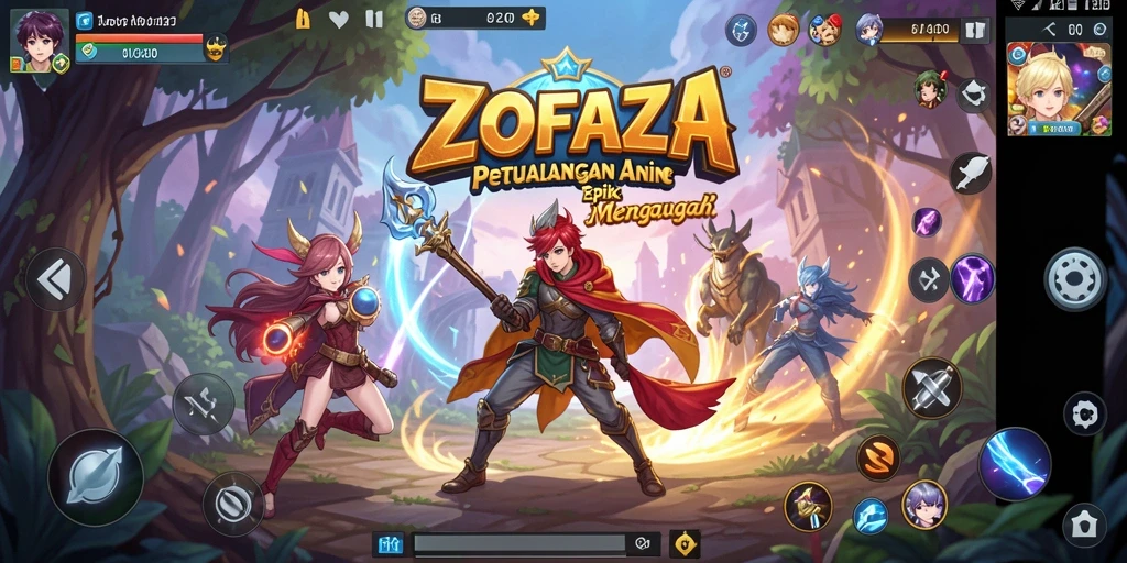 Screenshot gameplay ZOFAZA menampilkan karakter anime yang beraksi dalam pertempuran.